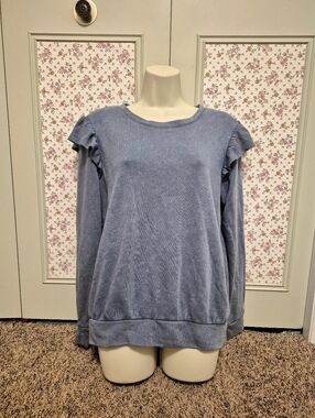 LC Lauren Conrad Dusty Blue Ruffle-Shoulder Pullover Size L